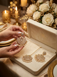 Luxury Pearl Chandbali Bridal Earrings & Maang Tikka Set | Gold Plated Pakistani Wedding Jewelry