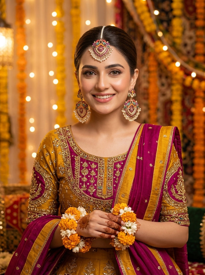 Luxury Multicolor Bridal Earrings & Maang Tikka Set | Gold Plated Pearl Wedding Jewelry