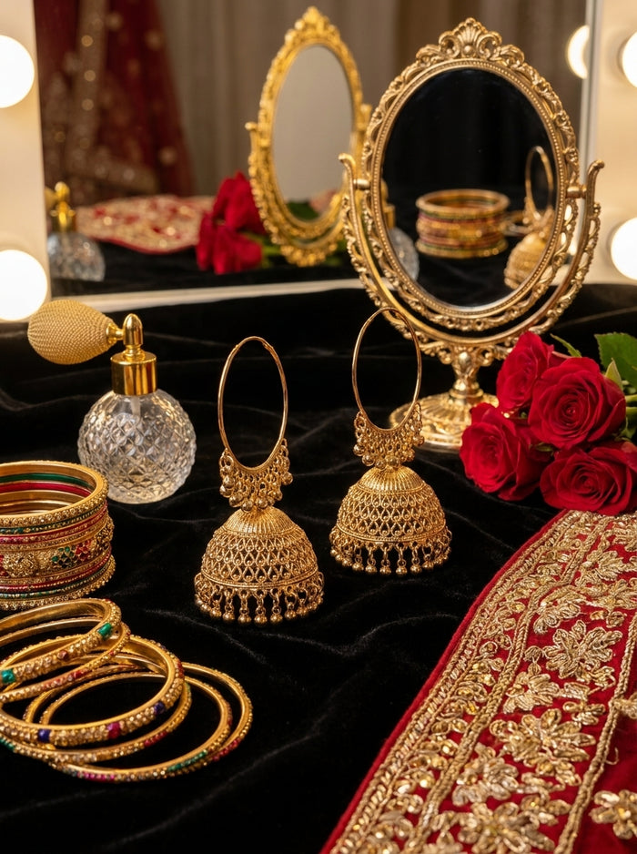 Luxury Gold Plated Jhumka Earrings | Traditional Bridal Hoop Earrings for Wedding, Mehndi & Party Wear
