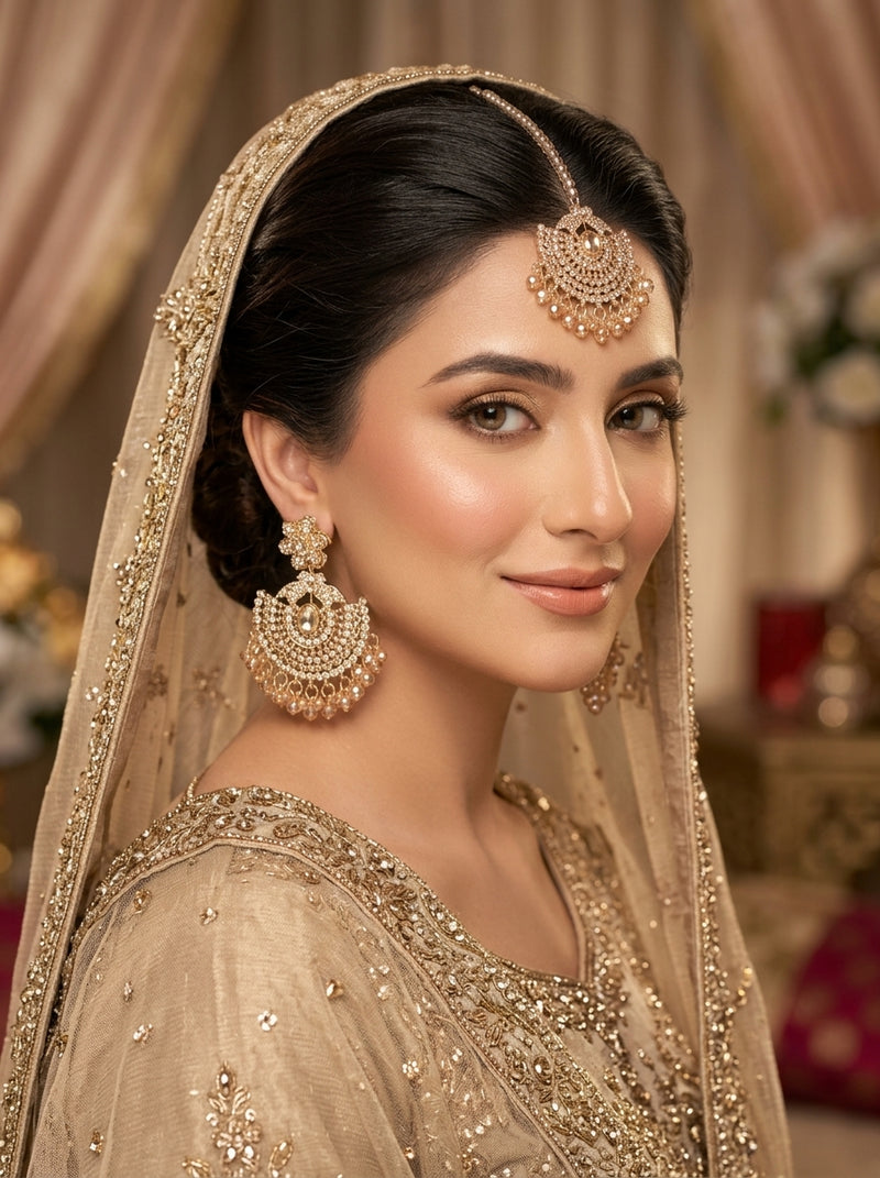 Luxury Pearl Chandbali Bridal Earrings & Maang Tikka Set | Gold Plated Wedding Jewelry