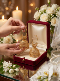 Luxury Gold Plated Jhumka Earrings | Traditional Bridal Hoop Earrings for Wedding, Mehndi & Party Wear