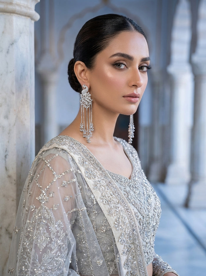 Luxury Silver Peacock Tassel Earrings | Cubic Zirconia Bridal Statement Earrings for Wedding, Party & Formal Wear