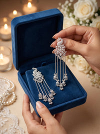 Luxury Silver Peacock Tassel Earrings | Cubic Zirconia Bridal Statement Earrings for Wedding, Party & Formal Wear
