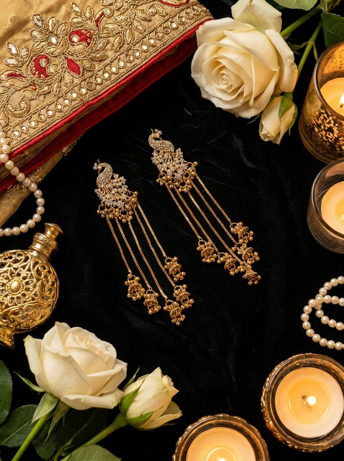 Luxury Peacock Tassel Jhumka Earrings | Gold Plated Cubic Zirconia Bridal Earrings for Wedding & Party Wear