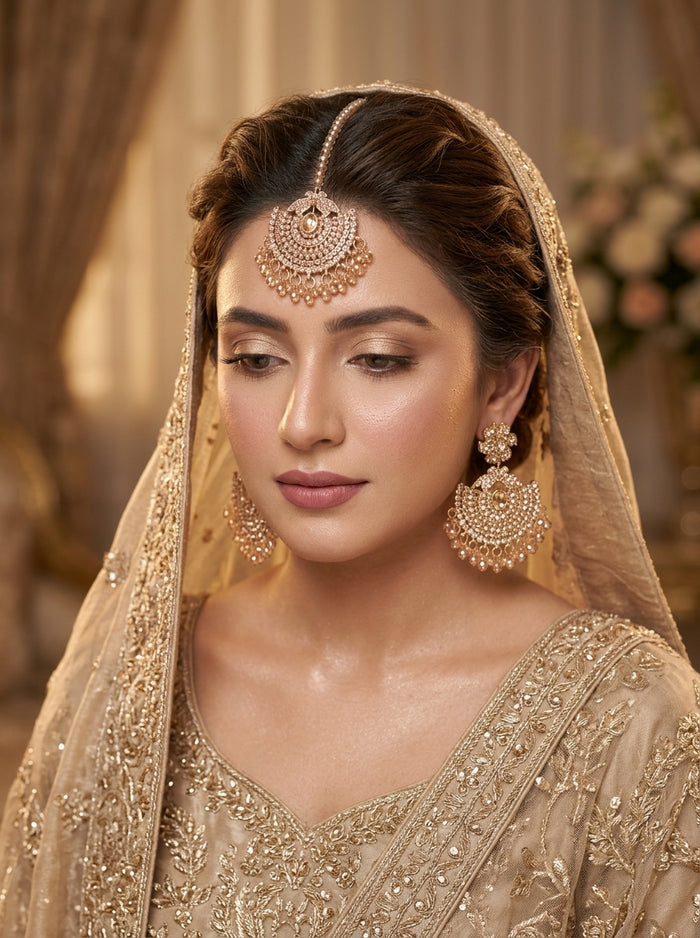 Luxury Pearl Chandbali Bridal Earrings & Maang Tikka Set | Gold Plated Wedding Jewelry