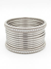 Luxury Silver Stainless Steel Chura Bangles Set for Women | Diamond-Style Designer Bangles
