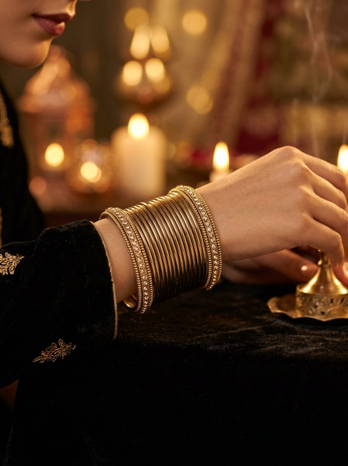 Luxury Gold Stainless Steel Chura Bangles Set for Women | Diamond-Style Designer Bangles