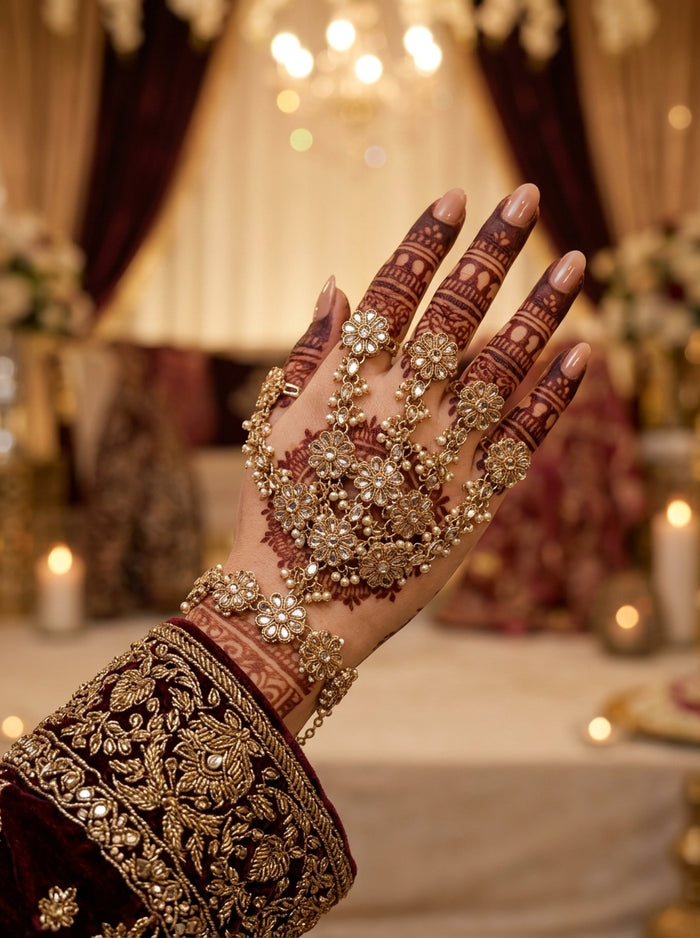 Luxury Bridal Hathphool Bracelet for Women | Gold Plated Floral Hand Harness Jewelry Set