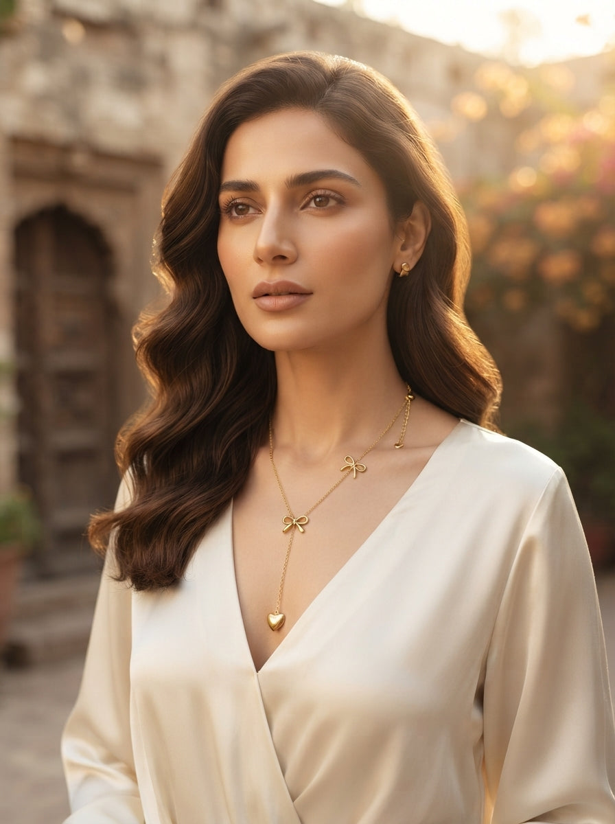 Minimalist Gold Bow & Heart Necklace | Adjustable Layered Pendant Necklace for Women | Elegant Everyday Jewelry