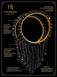 Luxury Black Crystal Tassel Bangles for Women | 22K Gold Plated Stainless Steel Kara Set