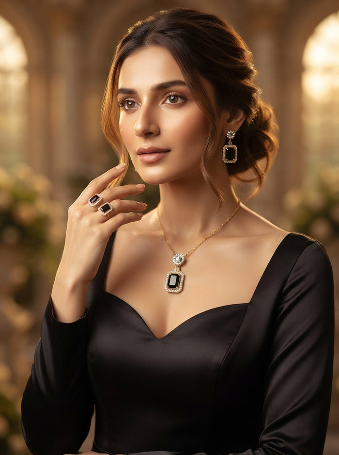 Luxury Black Stone Jewelry Set | Gold Plated Necklace, Earrings & Ring Set for Women | Elegant Party & Wedding Collection