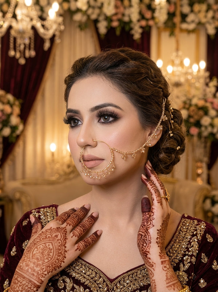 Luxury Bridal Nose Ring (Nath) for Women | Gold Plated Pearl & Crystal Wedding Nath