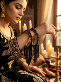 Luxury Black Crystal Tassel Bangles for Women | 22K Gold Plated Stainless Steel Kara Set
