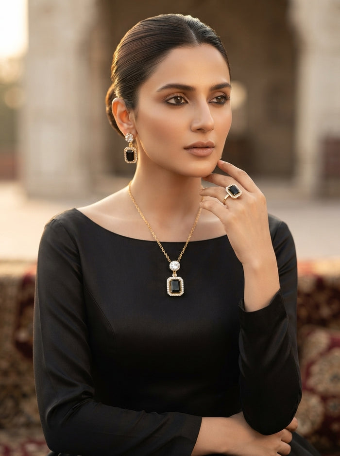 Luxury Black Stone Jewelry Set | Gold Plated Necklace, Earrings & Ring Set for Women | Elegant Party & Wedding Collection