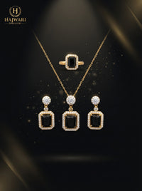 Luxury Black Stone Jewelry Set | Gold Plated Necklace, Earrings & Ring Set for Women | Elegant Party & Wedding Collection