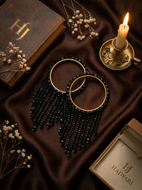 Luxury Black Crystal Tassel Bangles for Women | 22K Gold Plated Stainless Steel Kara Set