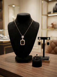 Luxury Black Stone Jewelry Set | Gold Plated Necklace, Earrings & Ring Set for Women | Elegant Party & Wedding Collection