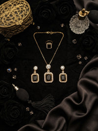 Luxury Black Stone Jewelry Set | Gold Plated Necklace, Earrings & Ring Set for Women | Elegant Party & Wedding Collection