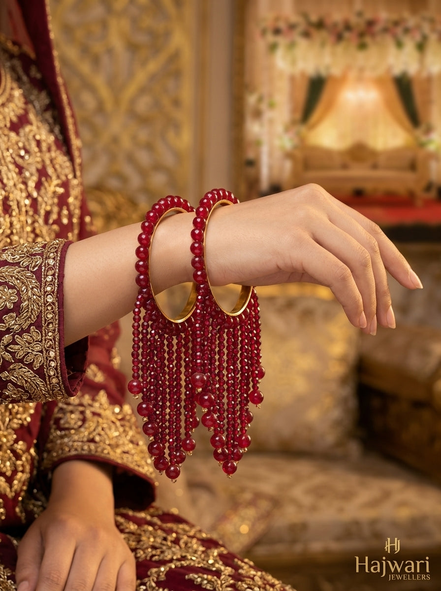 Luxury Ruby Red Crystal Tassel Bangles for Women | 22K Gold Plated Stainless Steel Kara Set