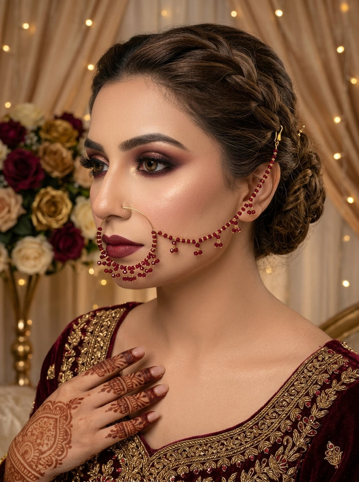 Luxury Ruby Red Bridal Nose Ring (Nath) for Women | Gold Plated Crystal Wedding Nath