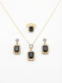 Luxury Black Stone Jewelry Set | Gold Plated Necklace, Earrings & Ring Set for Women | Elegant Party & Wedding Collection