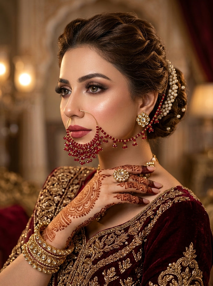 Luxury Ruby Red Bridal Nose Ring (Nath) for Women | Gold Plated Crystal Wedding Nath