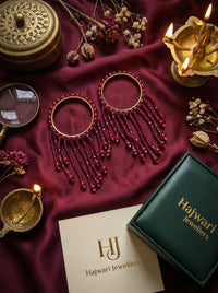 Luxury Ruby Red Crystal Tassel Bangles for Women | 22K Gold Plated Stainless Steel Kara Set