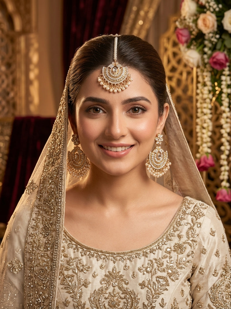 Luxury Pearl Chandbali Bridal Earrings & Maang Tikka Set | Gold Plated Pakistani Wedding Jewelry