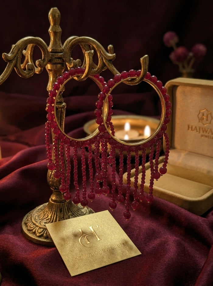 Luxury Ruby Red Crystal Tassel Bangles for Women | 22K Gold Plated Stainless Steel Kara Set