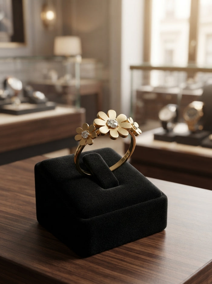 Luxury Floral Crystal Ring | Gold Plated Daisy Flower Ring for Women | Elegant Everyday Statement Ring