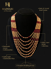 Luxury Ruby Multi-Layer Bridal Necklace for Women | Gold Plated Crystal Beaded Wedding Necklace
