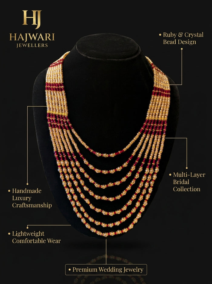 Luxury Ruby Multi-Layer Bridal Necklace for Women | Gold Plated Crystal Beaded Wedding Necklace