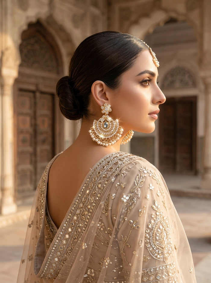Luxury Pearl Chandbali Bridal Earrings & Maang Tikka Set | Gold Plated Pakistani Wedding Jewelry