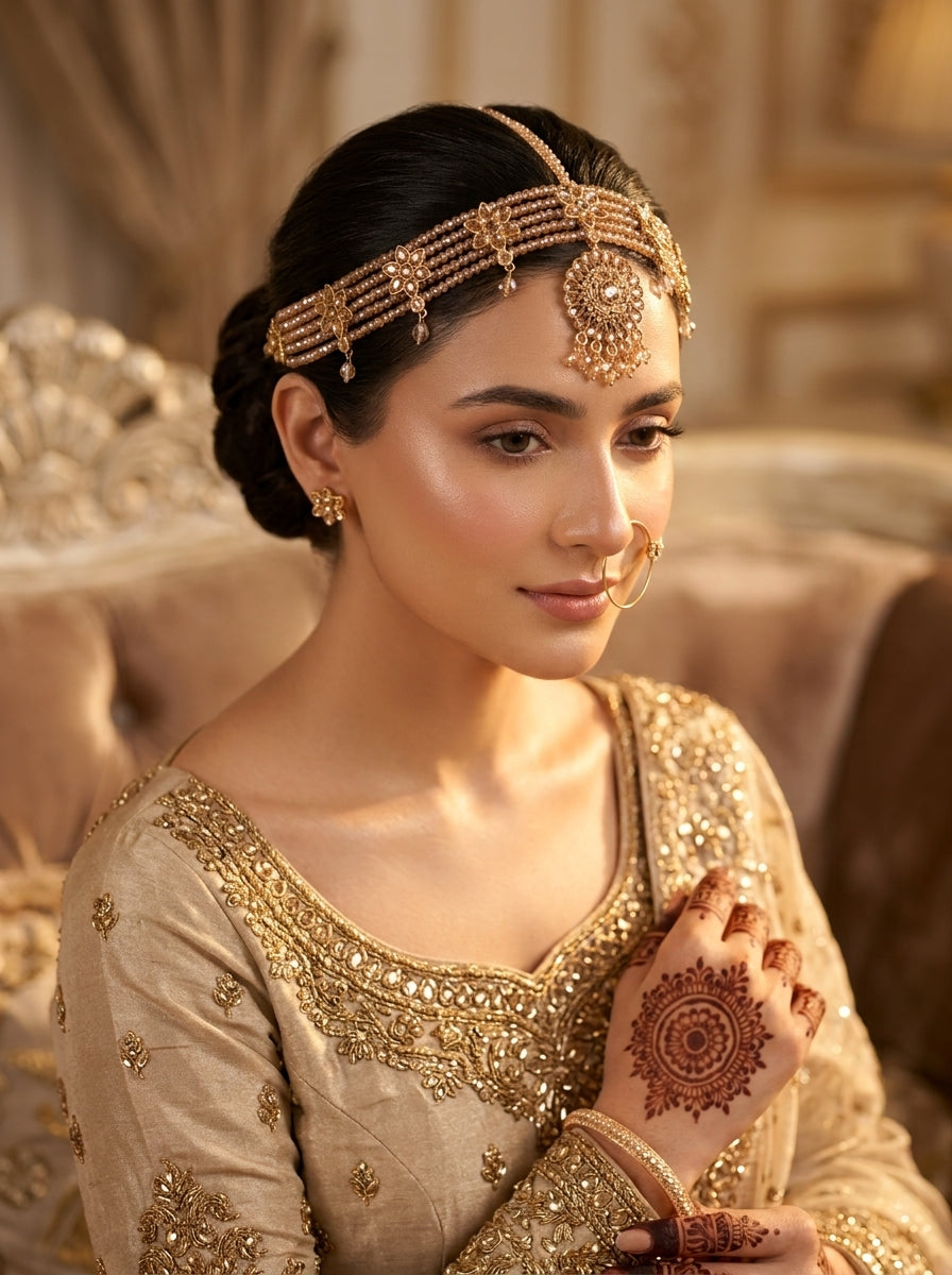 Luxury Bridal Matha Patti for Women | Gold Plated Multi-Strand Pearl Headpiece