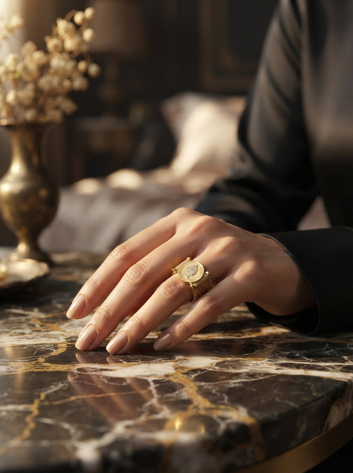 Vintage Coin Mesh Ring | Gold Plated Adjustable Statement Ring for Women | Elegant Retro Jewelry