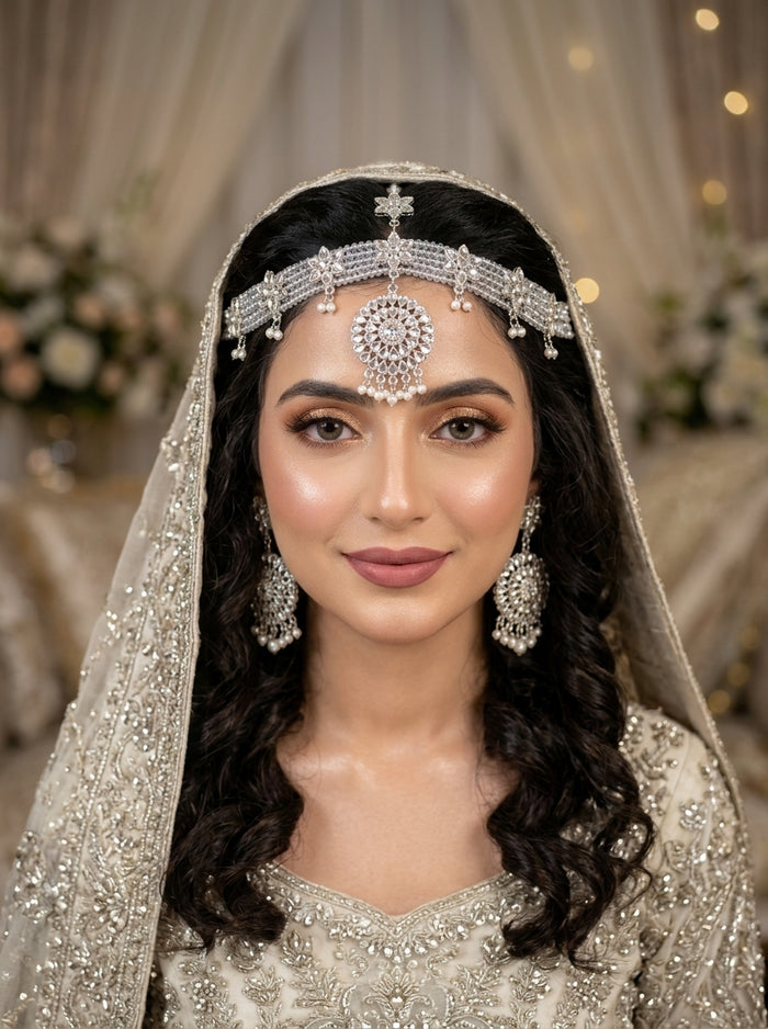 Luxury Silver Bridal Matha Patti for Women | Crystal Floral Wedding Headpiece