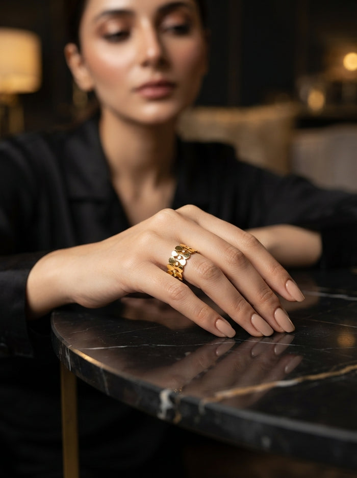 Floral Open Adjustable Gold Ring | Minimalist Flower Statement Ring for Women | Crystal Accent Fashion Jewelry