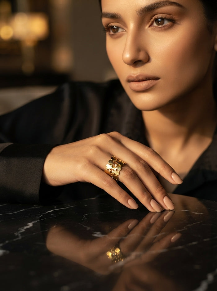 Floral Open Adjustable Gold Ring | Minimalist Flower Statement Ring for Women | Crystal Accent Fashion Jewelry