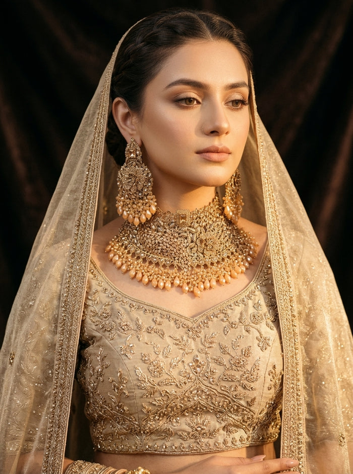 Luxury Bridal Choker Necklace Set for Women | Gold Plated Floral Wedding Jewelry Set
