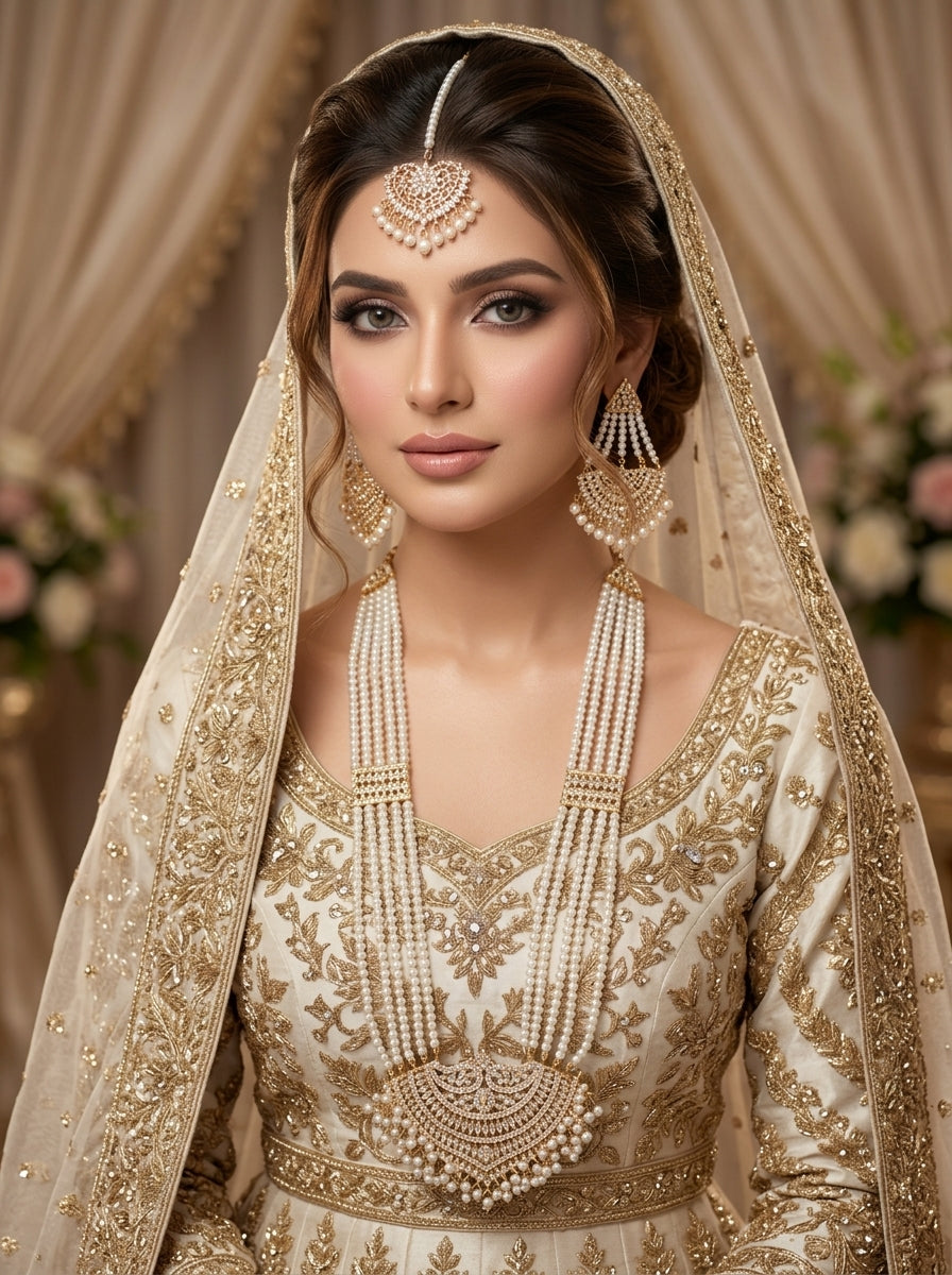 Luxury Multi-Layer Pearl Bridal Necklace Set | Gold Plated Wedding Jewelry with Earrings & Maang Tikka