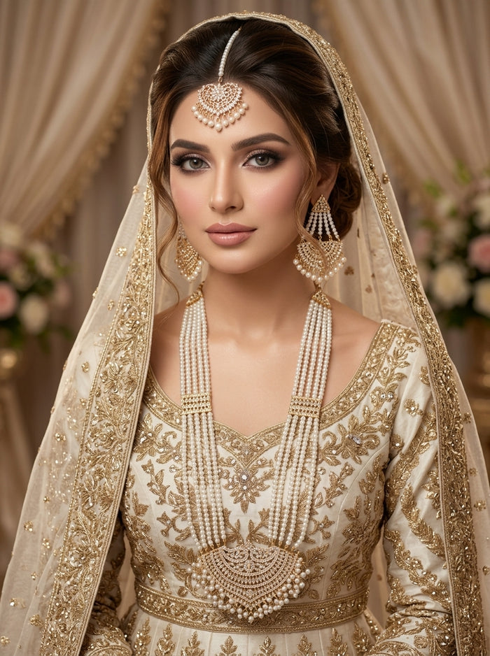 Luxury Multi-Layer Pearl Bridal Necklace Set | Gold Plated Wedding Jewelry with Earrings & Maang Tikka