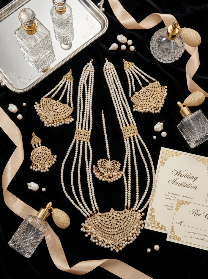 Luxury Multi-Layer Pearl Bridal Necklace Set | Gold Plated Wedding Jewelry with Earrings & Maang Tikka