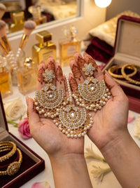 Luxury Pearl Chandbali Bridal Earrings & Maang Tikka Set | Gold Plated Pakistani Wedding Jewelry