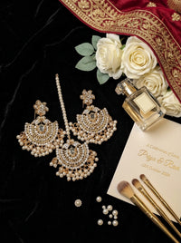 Luxury Pearl Chandbali Bridal Earrings & Maang Tikka Set | Gold Plated Pakistani Wedding Jewelry